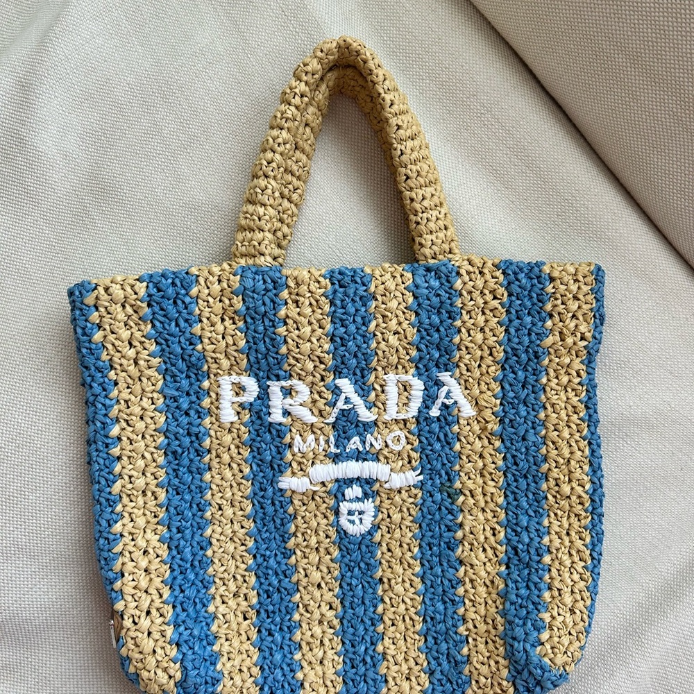 Prada Milano Blue and Beige Striped Tote Bag